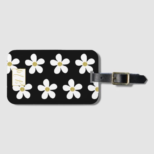 Einfache Schwarz-weiße Daisy Gold Monogram Travel Gepäckanhänger (Vorderseite (Horizontal))