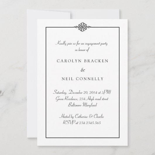 Einfache Schwarz-weiße engagierte, klassische Part Einladung (Vorderseite)