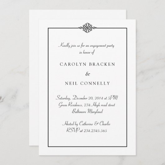 Einfache Schwarz-weiße engagierte, klassische Part Einladung (Vorne/Hinten)