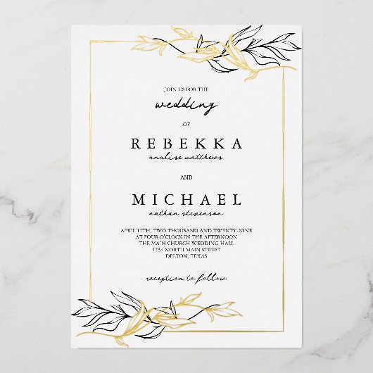 Einfache Schwarz-weiße Foliage Hochzeit Real Folieneinladung (Vorderseite)