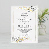 Einfache Schwarz-weiße Foliage Hochzeit Real Folieneinladung (Stehend vorne)