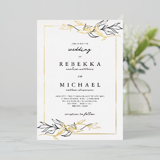 Einfache Schwarz-weiße Foliage Hochzeit Real Folieneinladung (Stehend vorne)