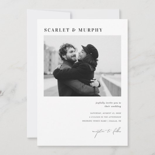 Einfache Schwarz-weiße Foto Monogram & Script Hoch Einladung (Vorderseite)