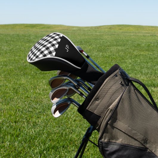Einfache Schwarz-weiße Gingham Karierte Initialen Golf Headcover (In SItu)