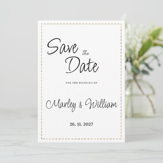 Einfache, Schwarz-weiße Goldgestrichel-Linie Save  Einladung (Stehend Vorderseite)