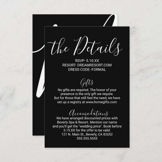 Einfache Schwarz-weiße Hochzeitsdetails Begleitkarte (Vorne/Hinten)