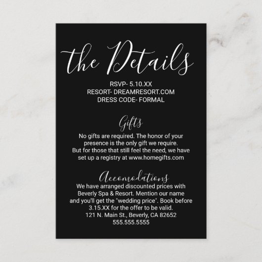 Einfache Schwarz-weiße Hochzeitsdetails Begleitkarte (Vorderseite)