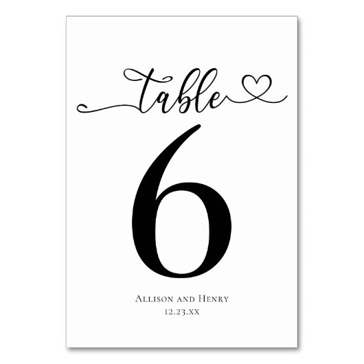 Einfache Schwarz-weiße Hochzeitsempfehlung Tischnummer (Rückseite)