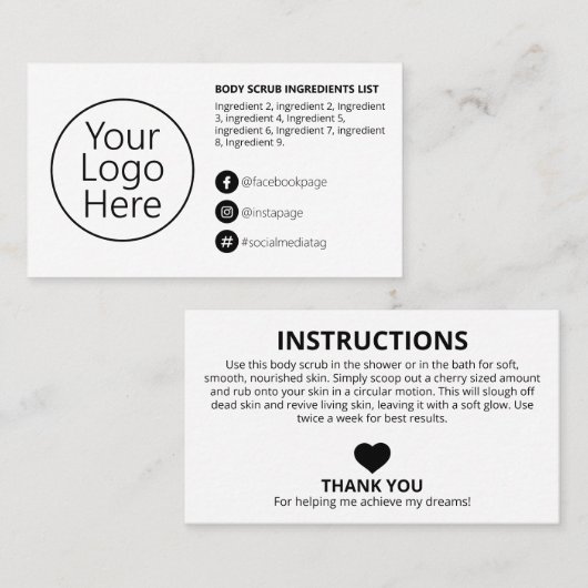 Einfache Schwarz-weiße Inhaltsstoffanleitung Logo Visitenkarte (Vorne/Hinten)