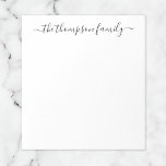 Einfache Schwarz-weiße Kalligraphie Notizblock<br><div class="desc">Minimalistisch Schwarz und Weiß Familienname in Kalligrafie Notepad . Passen Sie die elegante Skriptnamensvorlage mit Ihrem Familiennamen an.</div>