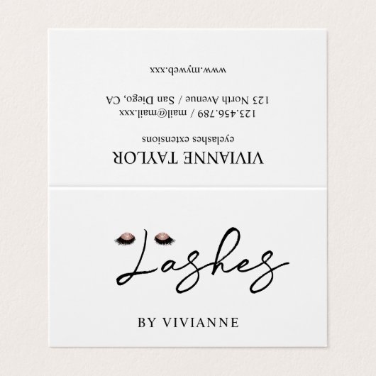 Einfache Schwarz-weiße Lash Business Card Visitenkarten (Außenseite Aufgefaltet)