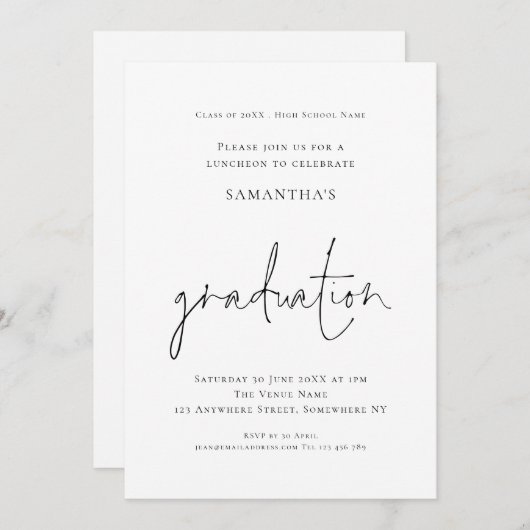 Einfache Schwarz-weiße Luncheon Abschluss Einladung (Vorne/Hinten)