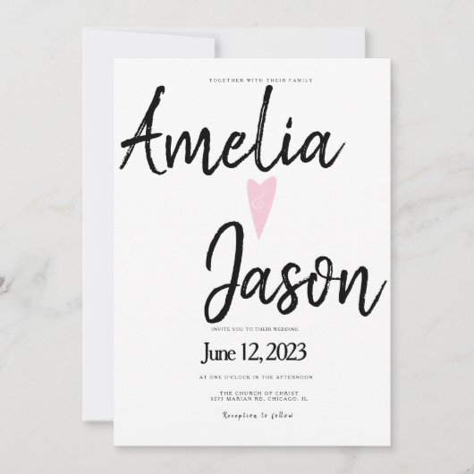 Einfache Schwarz-weiße Marker Script Heart Wedding Einladung (Vorderseite)