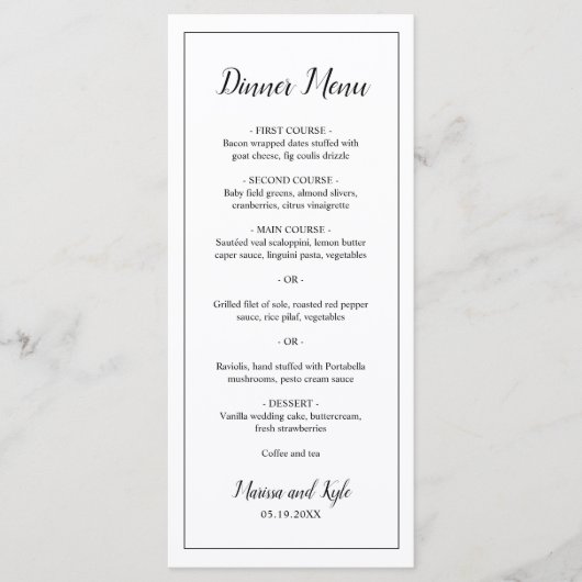 Einfache Schwarz-weiße Moderne Elegante Hochzeit Menükarte (Vorderseite)