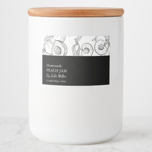 Einfache schwarz-weiße Pfirsiche Lebensmitteletikett (Vorderseite)