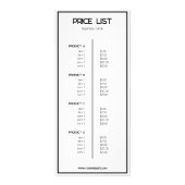 Einfache schwarz-weiße Preisliste Werbekarte (Hinten)
