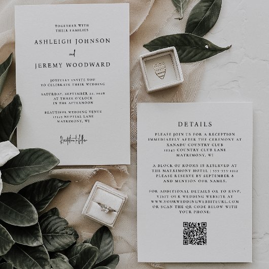 Einfache Schwarz-weiße QR Code Hochzeit Einladung