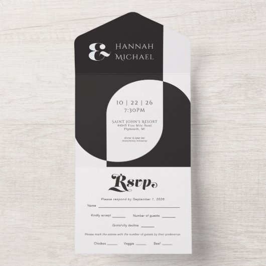 Einfache Schwarz-weiße Retro All In One Einladung (Innen)