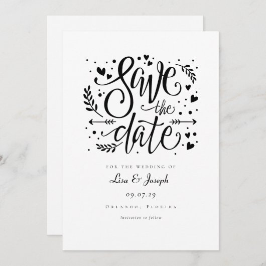 Einfache schwarz-weiße Rustikalschrift Save the Da Einladung (Vorne/Hinten)