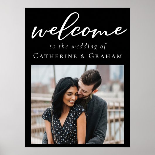 Einfache Schwarz-weiße Script Foto Begrüßung Poster (Vorne)