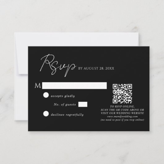 Einfache Schwarz-weiße Script QR Code Hochzeit RSVP Karte (Vorderseite)