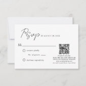 Einfache Schwarz-weiße Script QR Code Hochzeit RSVP Karte (Vorderseite)