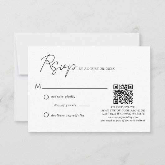 Einfache Schwarz-weiße Script QR Code Hochzeit RSVP Karte (Vorderseite)