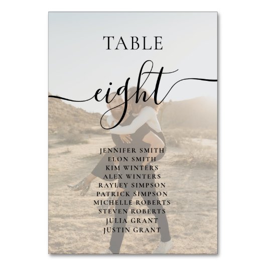 Einfache Schwarz-weiße Skriptnamen Fotos Hochzeit Tischnummer (Vorderseite)
