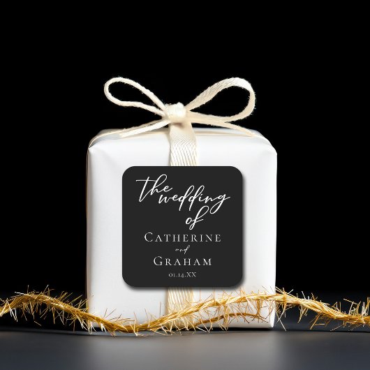 Einfache Schwarz-weiße Typografie Chic Winter Wedd Quadratischer Aufkleber