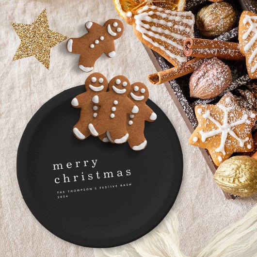 Einfache Schwarz-weiße Typografie Frohe Weihnachte Pappteller