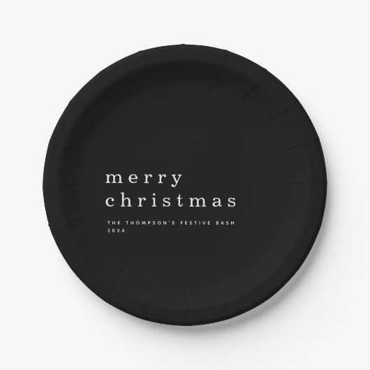Einfache Schwarz-weiße Typografie Frohe Weihnachte Pappteller (Vorderseite)