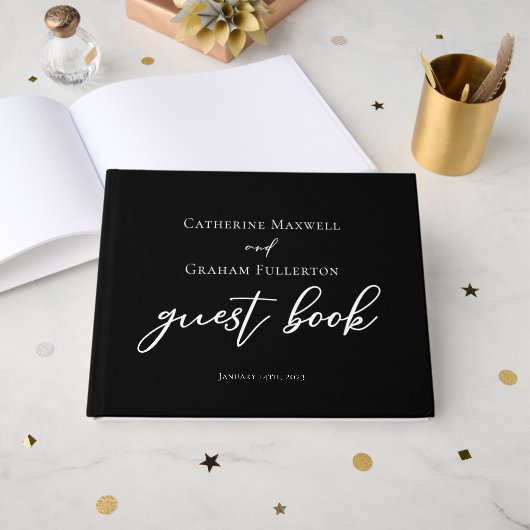 Einfache Schwarz-weiße Typografie Moderne Hochzeit Gästebuch (Vorderseite Offen)