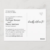 Einfache Schwarz-weiße, verzögerte Hochzeitserklär Postkarte (Rückseite)