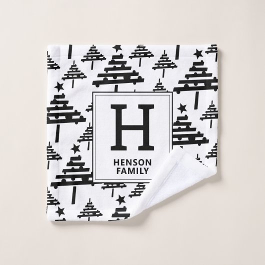 Einfache Schwarz-weiße Weihnachtsbaum Monogram Badhandtuch Set (Waschlappen)