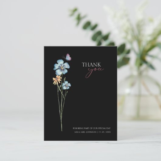 Einfache Schwarz-Wildblume Blumenhochzeit Dankeskarte (Stehend Vorderseite)