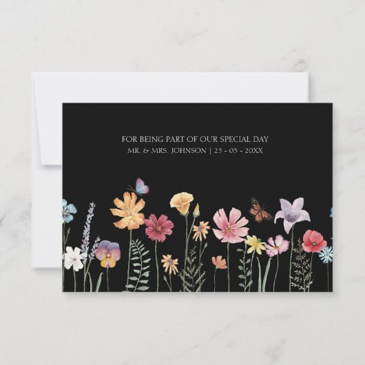 Einfache Schwarz-Wildblume Blumenhochzeit Dankeskarte (Rückseite)