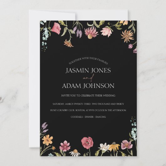 Einfache Schwarz-Wildblume Blumenhochzeit Einladung (Vorderseite)