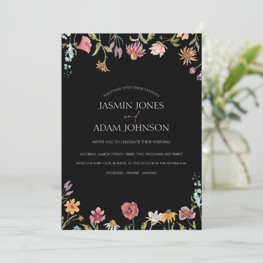 Einfache Schwarz-Wildblume Blumenhochzeit Einladung (Stehend Vorderseite)