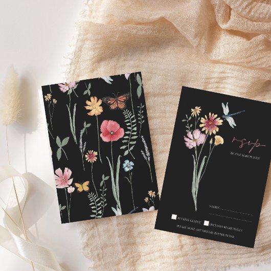 Einfache Schwarz-Wildblume Blumenhochzeit RSVP Karte