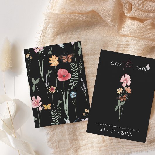 Einfache Schwarz-Wildblume Blumenhochzeit Save The Date