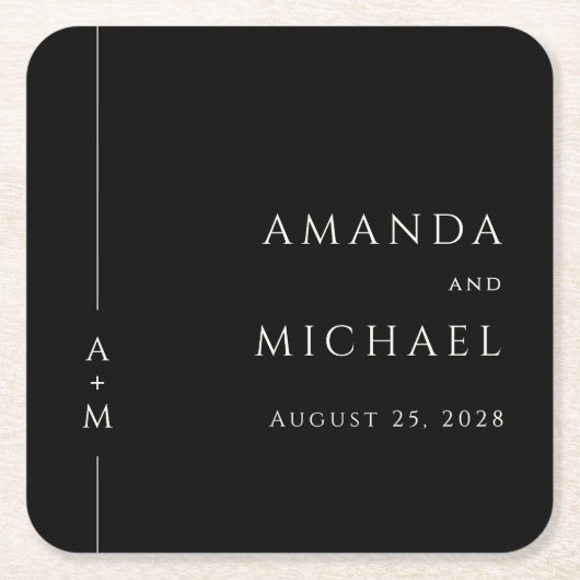 Einfache Schwarze Elegante Classic Monogram Weddin Rechteckiger Pappuntersetzer (Vorderseite)