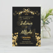 Einfache Schwarze Gold Blumen Moderne & Elegante H Einladung (Stehend Vorderseite)