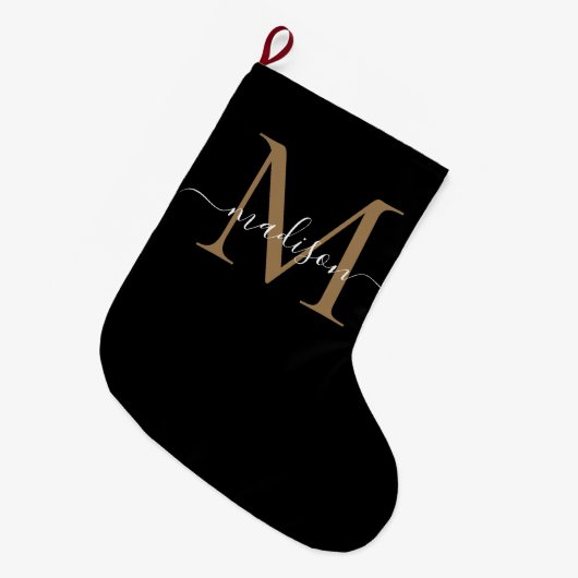Einfache Schwarze Gold Monogram Elegante Girly Scr Großer Weihnachtsstrumpf (Vorderansicht (hängend))