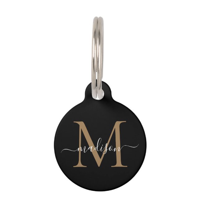Einfache Schwarze Gold Monogram Feminine Script Na Haustiermarke (Vorderseite)