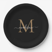 Einfache Schwarze Gold Monogram Feminine Script Na Pappteller (Vorderseite)