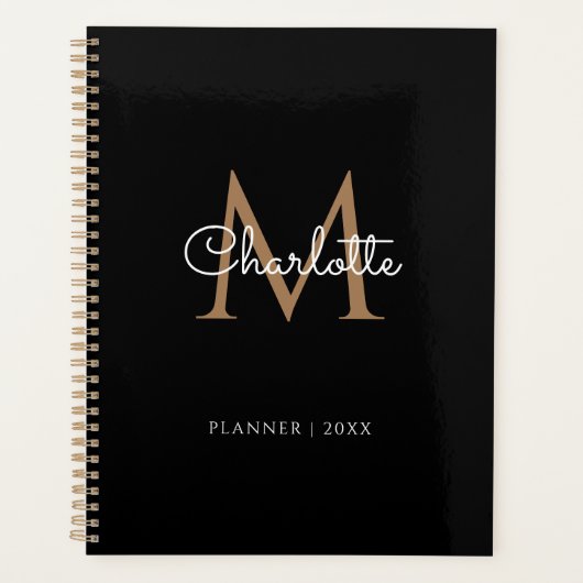 Einfache Schwarze Gold Monogram Script 2023 Planer (Vorderseite)