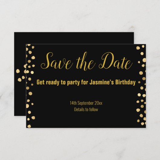EINFACHE SCHWARZE GOLDSPOT SAVE THE DATE UAWG RSVP KARTE (Vorne/Hinten)