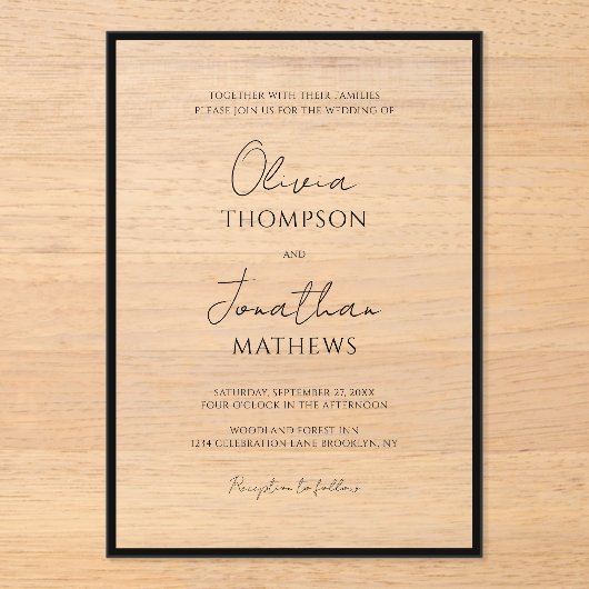 Einfache Schwarze Grenze Weißes Skript Hochzeit Acryleinladungen (Vorderseite)