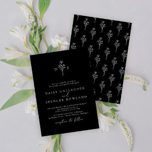 Einfache Schwarze Hochzeit mit Blumendesign Einladung