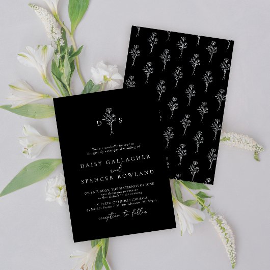 Einfache Schwarze Hochzeit mit Blumendesign Einladung